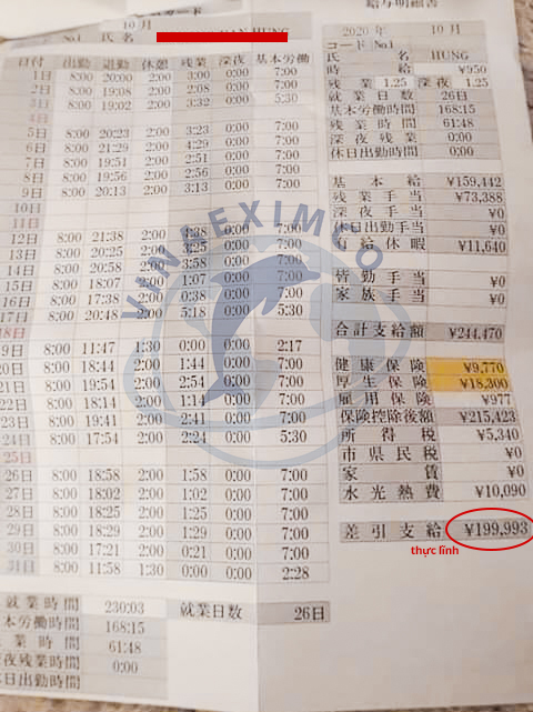 bảng lương thực lĩnh đơn xây dựng tổng hợp Nhật Bản